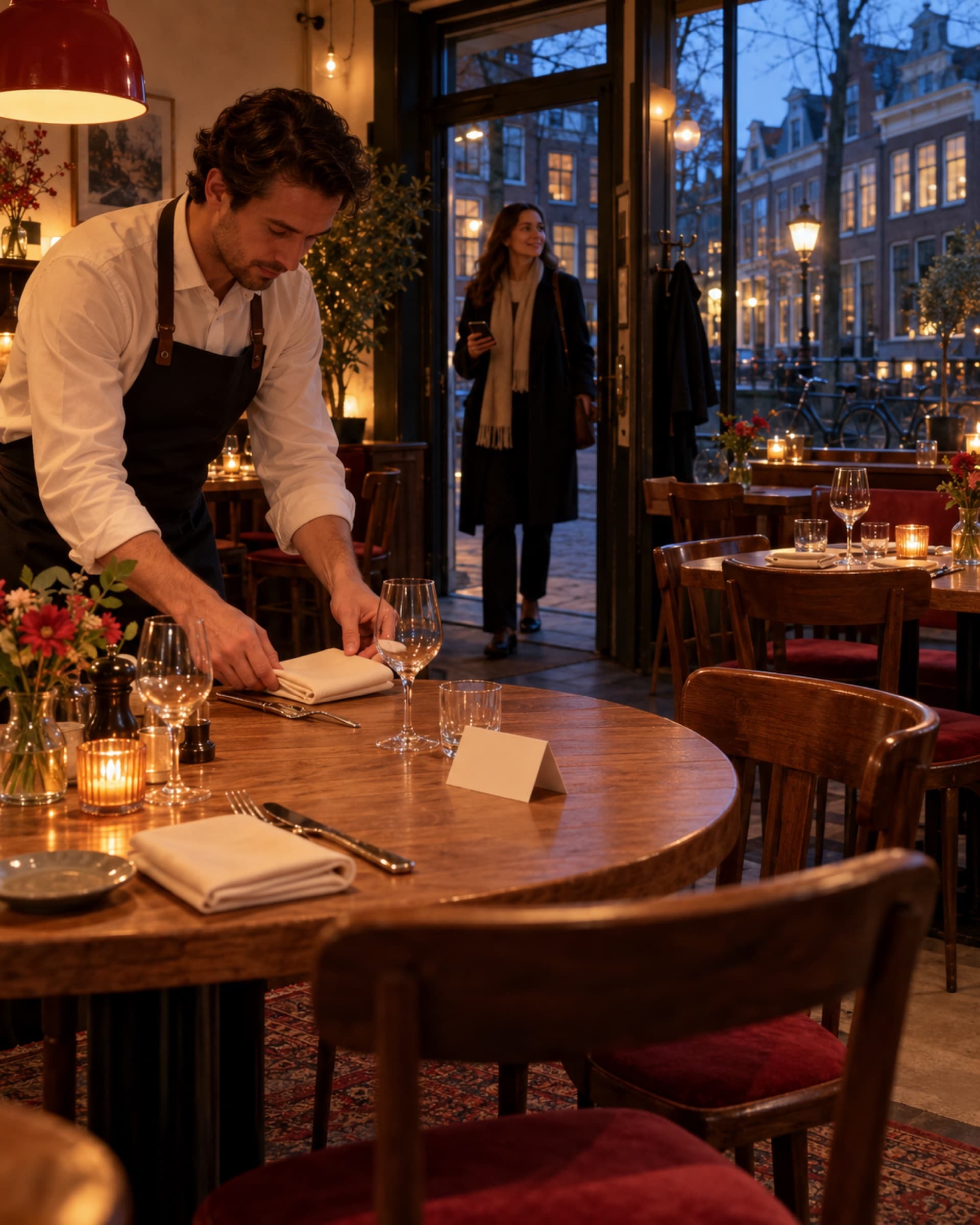 Een ober dekt een ronde tafel terwijl de eerste gasten binnenkomen