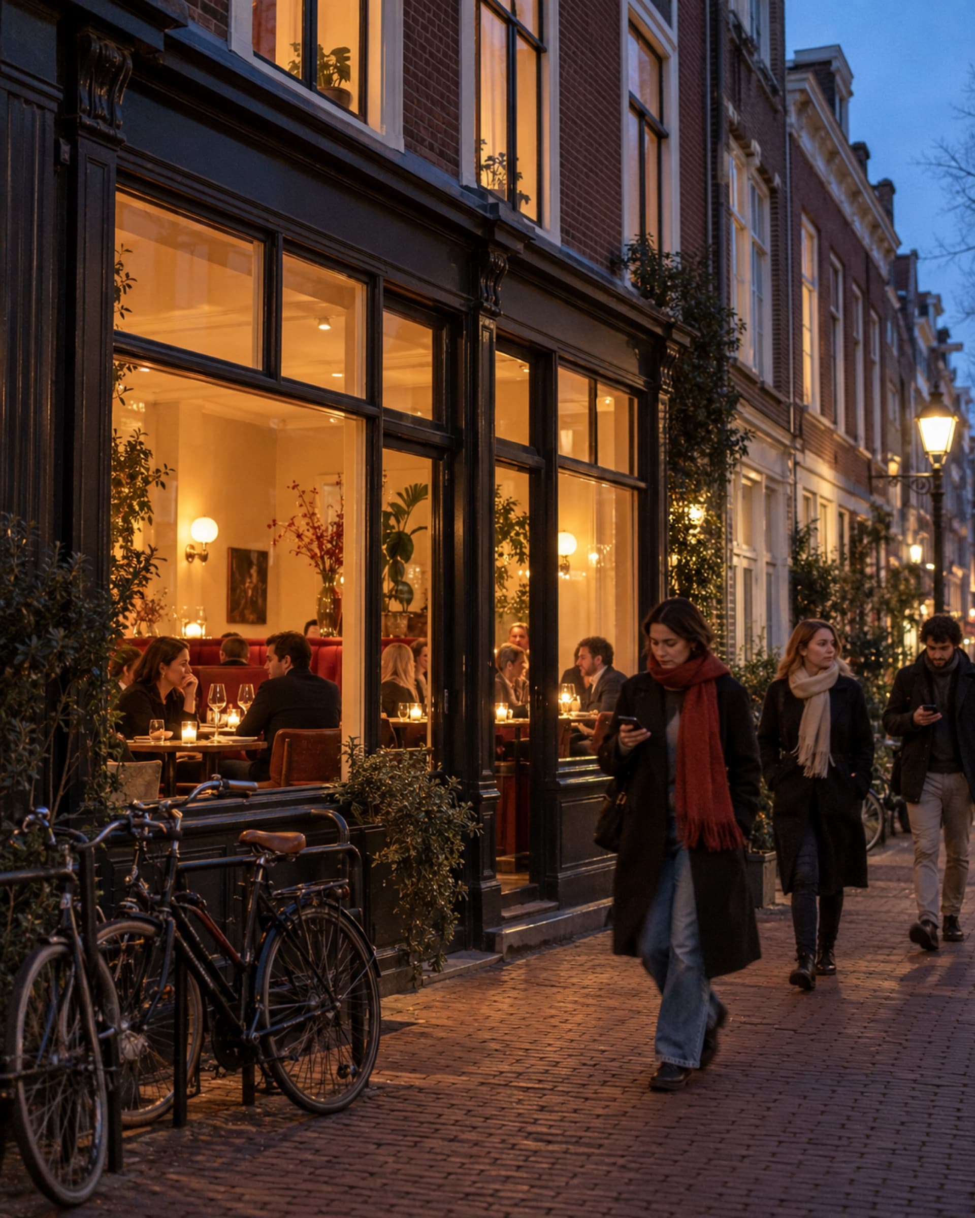 Warm licht uit een restaurant in een straat bij avond