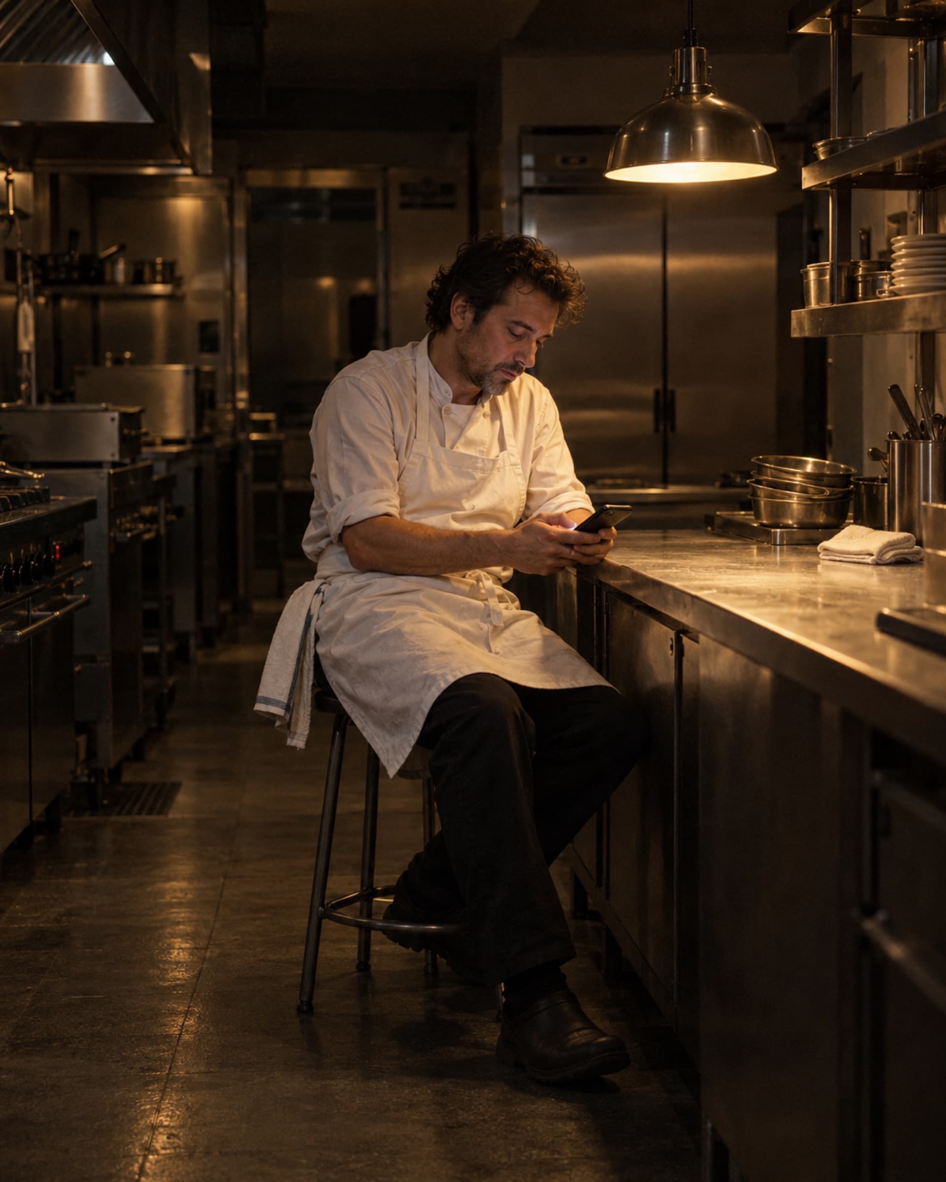 Een chef kijkt op zijn telefoon in een stille keuken na sluitingstijd