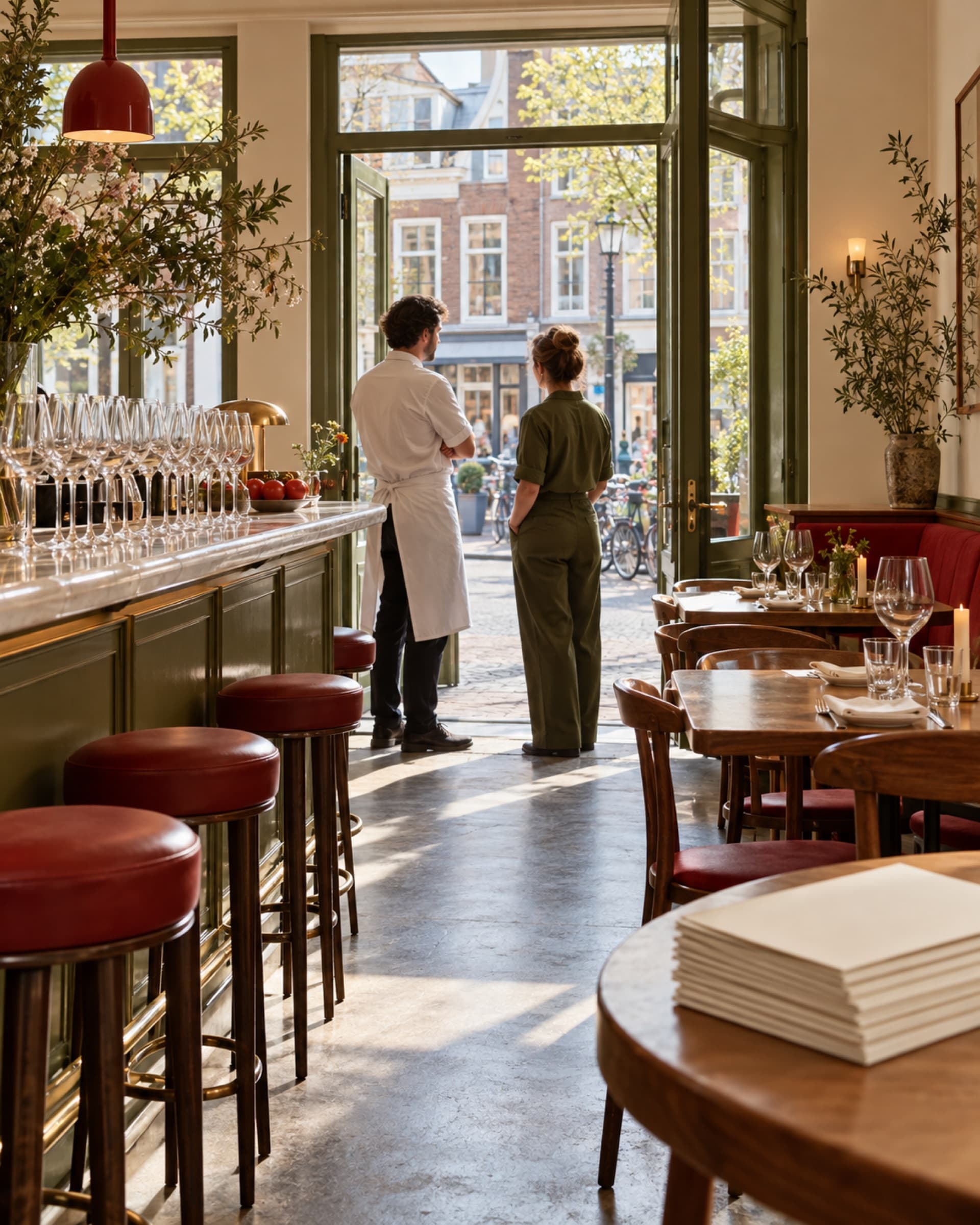 Een licht restaurant met een bar op een rustige ochtend voor de eerste service