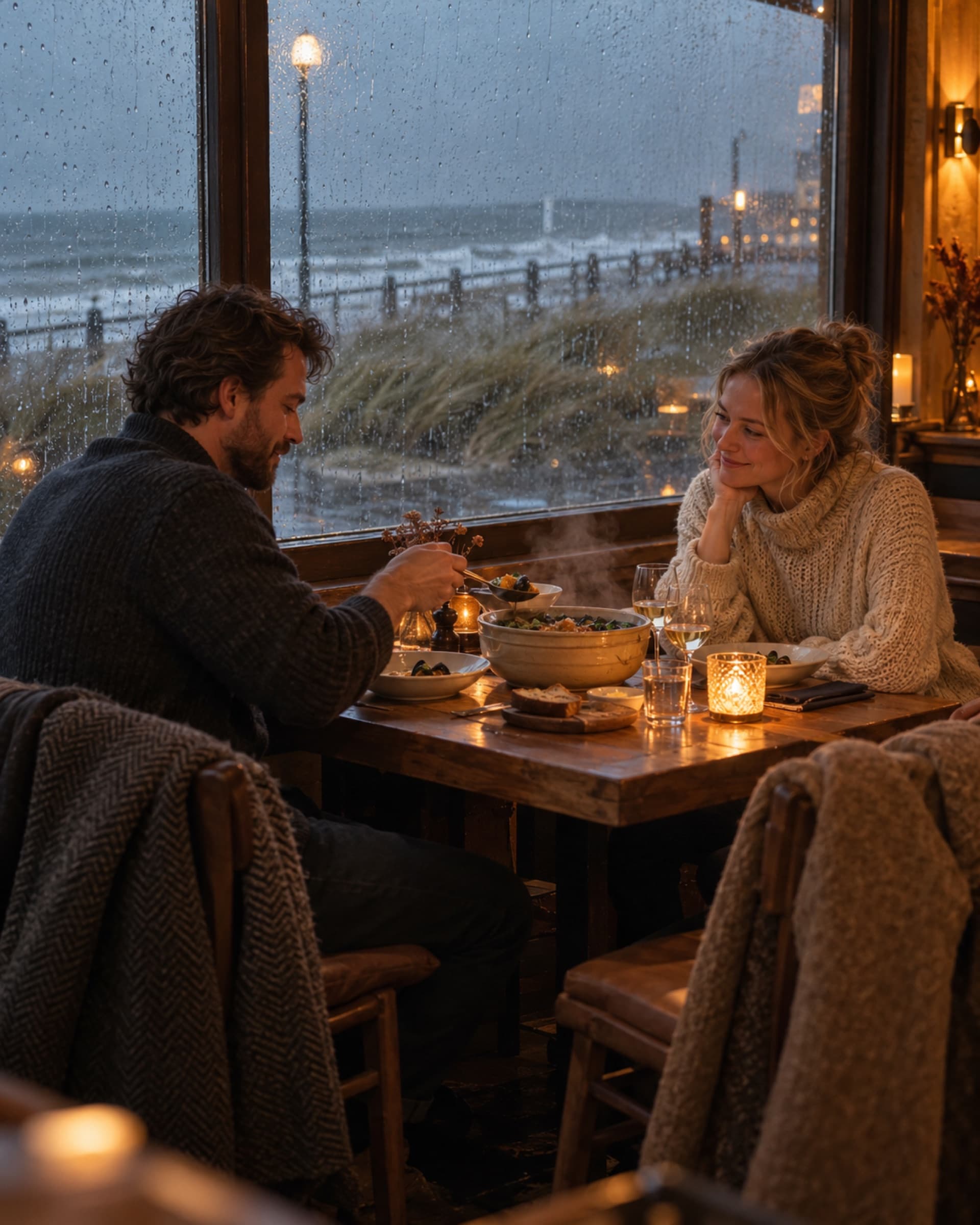 Twee mensen eten bij kaarslicht aan het raam terwijl het buiten aan zee stormt