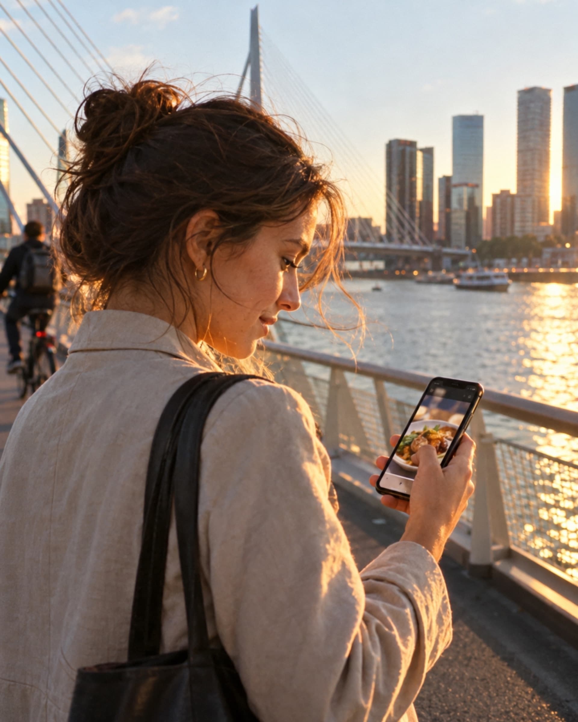 Een vrouw kijkt op haar telefoon op de Erasmusbrug bij zonsondergang
