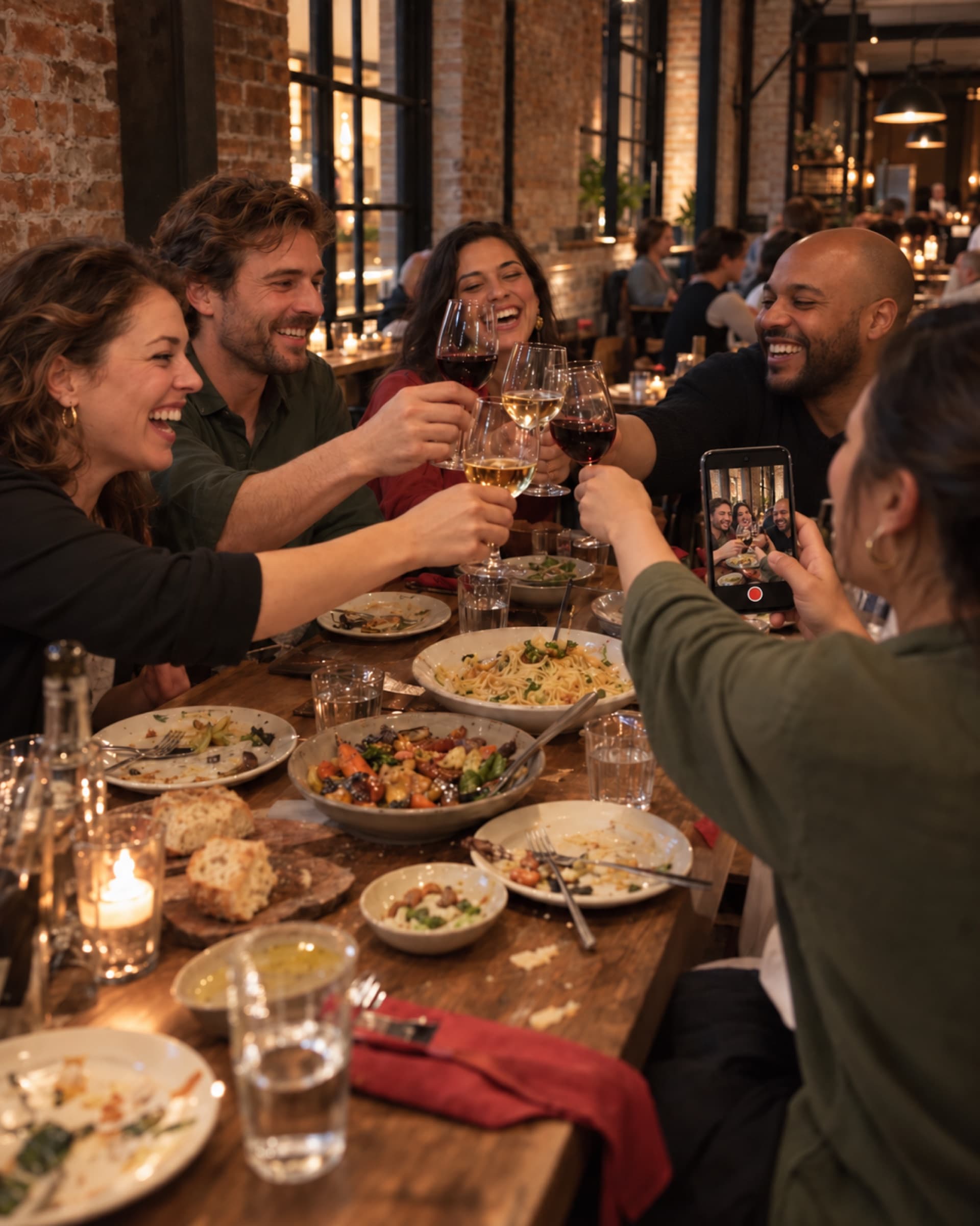 Vrienden proosten aan tafel terwijl iemand filmt