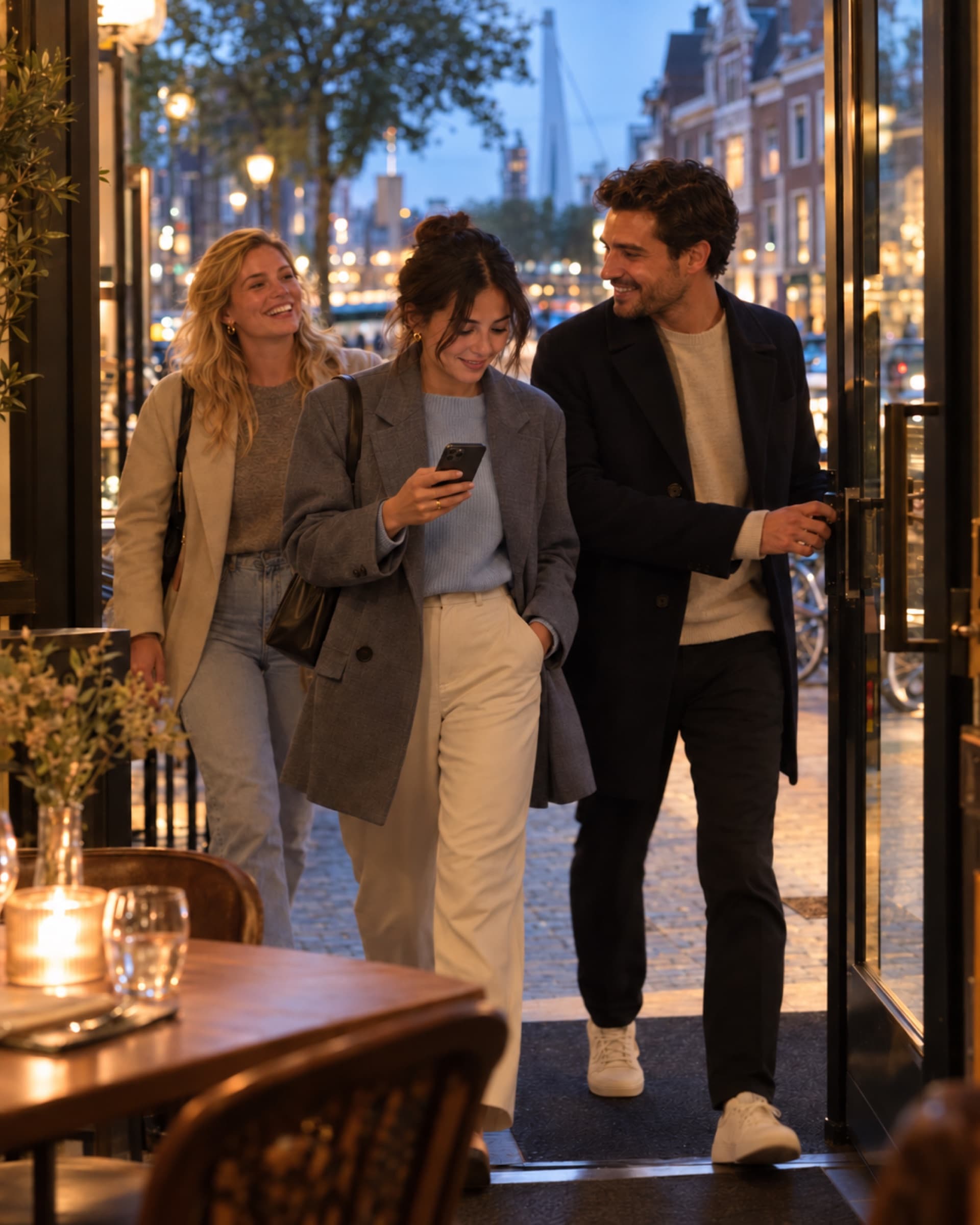 Drie vrienden komen 's avonds aan bij een restaurant