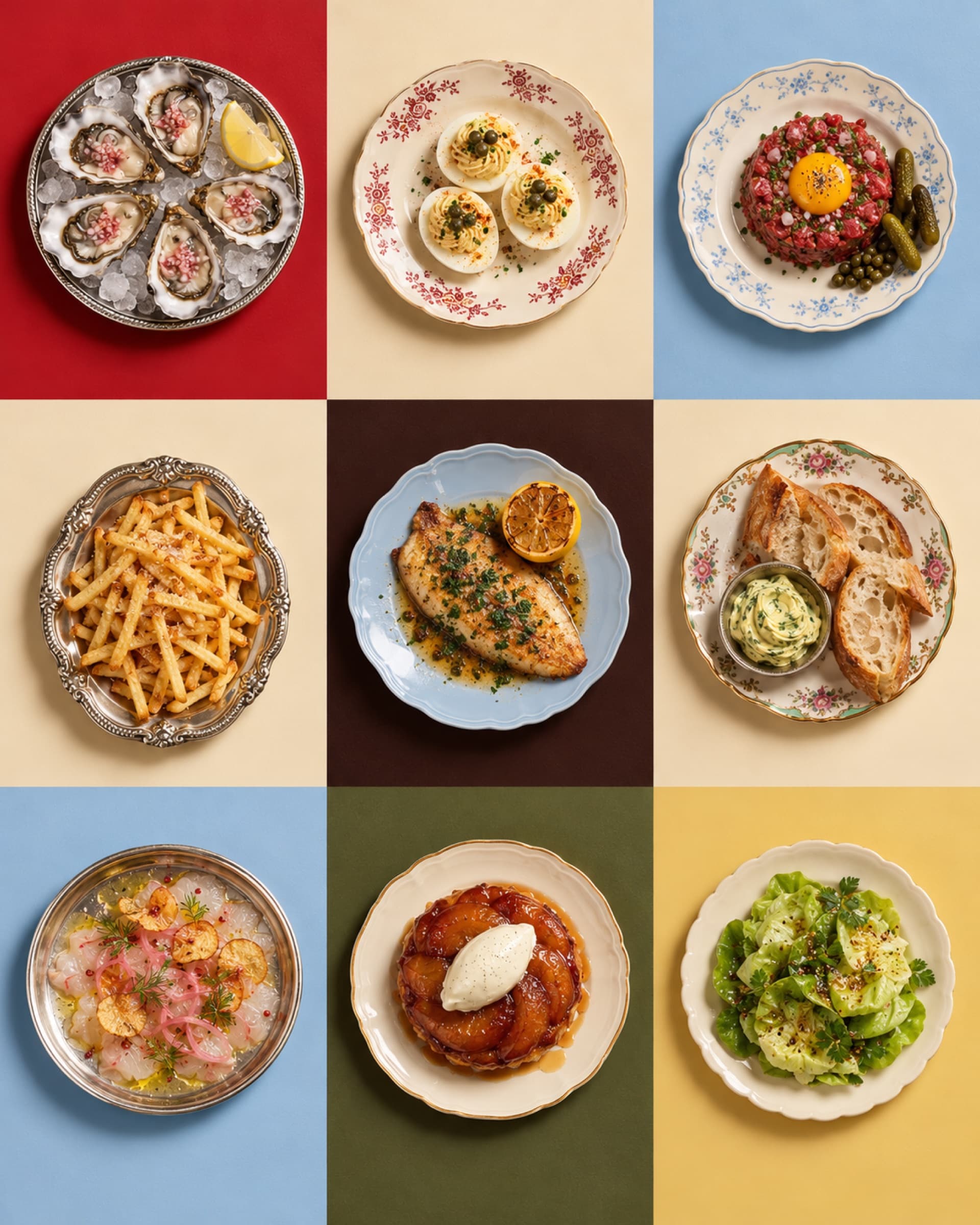 Negen bistrogerechten in een grid van gekleurde vlakken